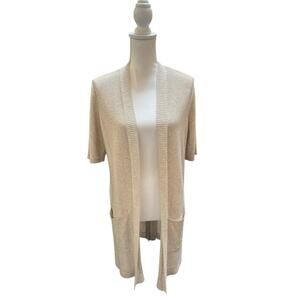 Eileen Fisher Open Front Cardigan Small Beige Knit Pockets Casual EUC